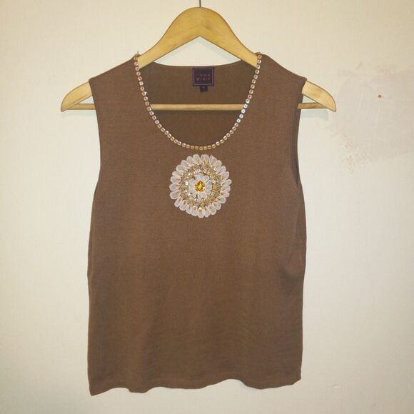 Colour Works Brown Tank-Medium-100% Silk-Sequined Yoke-3D Ribbon Floral - Picture 1 of 8